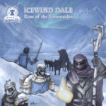 Cover art depicts four adventurers in a snowy land. Two are robots covered waist high in snow. One is a shrouded figure holding a staff and summoning a flame. The last is a human wielding a sword who is confronting shadowy figures of wolves and a horned owl bear with red eyes. There is a white dragon flying overhead.